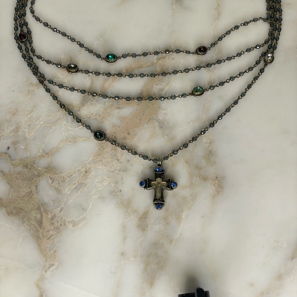 Virgin Saints and Angels necklace, with jewel tone stones.   17.5 drop or 11”
